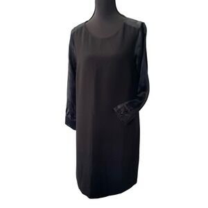 J.Crew Shift Dress Women 4 Black Mixed Media Satin Sleeve Mini Round Neck Zipper
